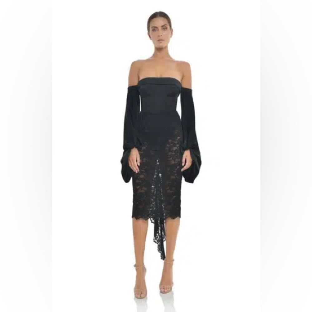 MISHA Collection Cleo Black Lace Off-Shoulder Midi Dress Size‎ US 2 - Picture 3 of 9